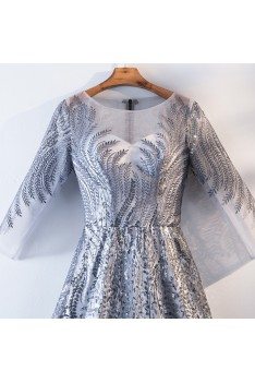 Unique Sparkly Silver Long Party Dress With Sheer Long Sleeves - MYS68069