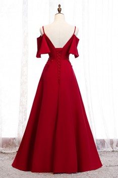 Burgundy Long Satin Elegant Prom Formal Dress With Straps Sleeves - MYS79017