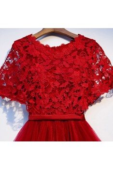 Pretty Red Lace Short Tulle Party Dress With Cape - MYS69043