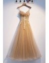 Luxe Champagne Gold Aline Tulle Prom Dress With Beaded Straps - MYS69062