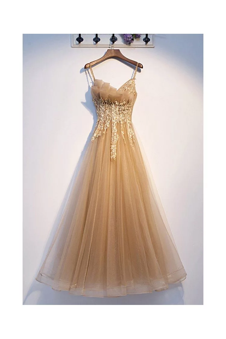 Sparkly Beaded Lace Gold Tulle A-line Prom Dress - Promfy