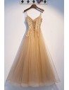 Luxe Champagne Gold Aline Tulle Prom Dress With Beaded Straps - MYS69062