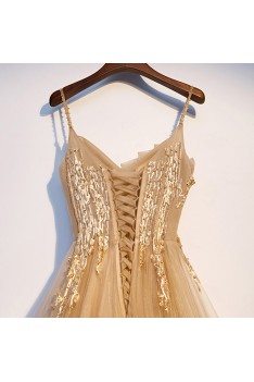 Luxe Champagne Gold Aline Tulle Prom Dress With Beaded Straps - MYS69062