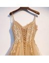 Luxe Champagne Gold Aline Tulle Prom Dress With Beaded Straps - MYS69062