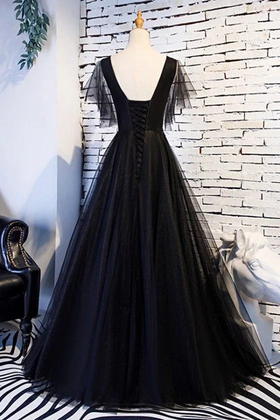 Beaded Lace Long Black Prom Dress With Puffy Sleeves - $136.98 # ...