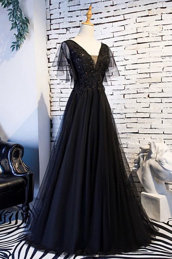 Beaded Lace Long Black Prom Dress With Puffy Sleeves - $136.98 # ...