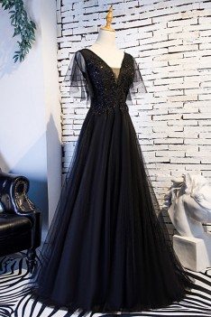 Beaded Lace Long Black Prom Dress With Puffy Sleeves - MYS68048