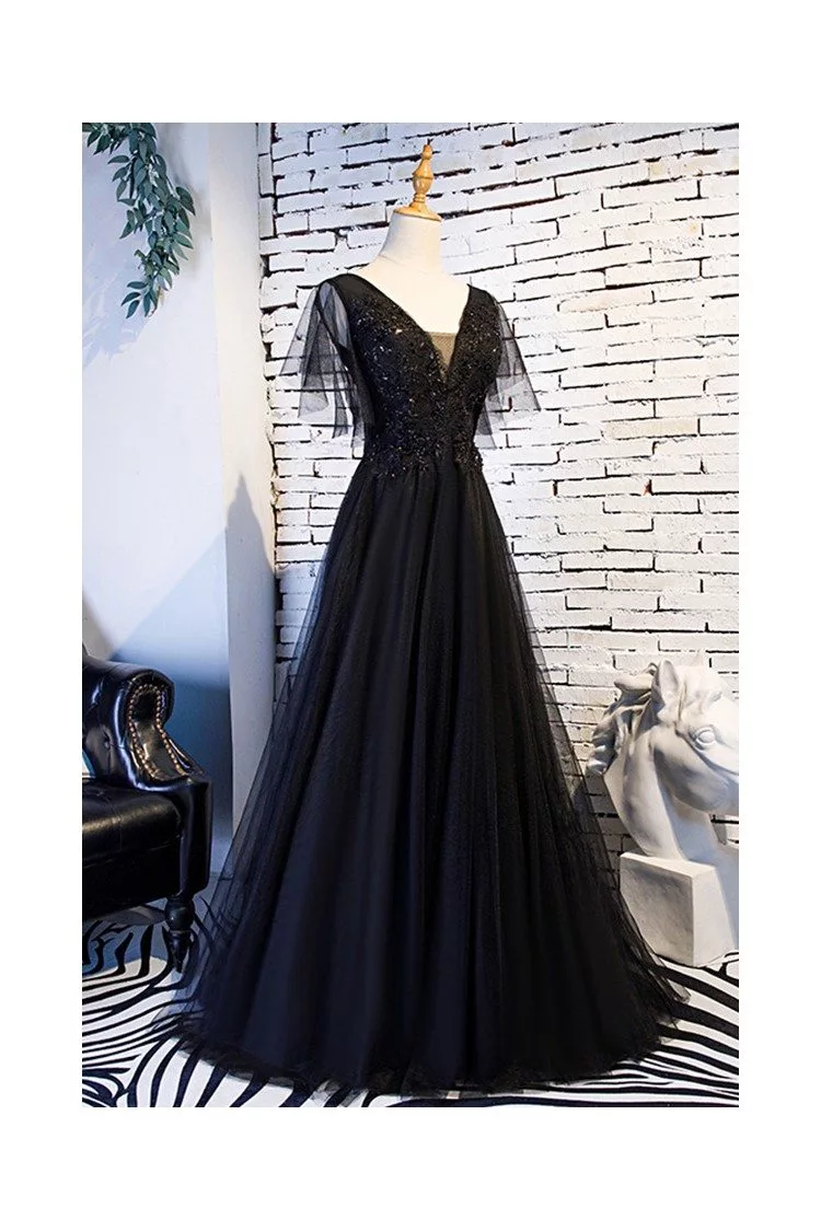 Beaded Lace Long Black Prom Dress With Puffy Sleeves - $136.98 # ...