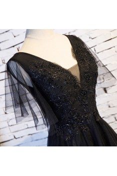 Beaded Lace Long Black Prom Dress With Puffy Sleeves - MYS68048