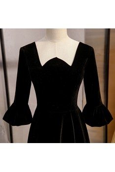 Retro Black Velvet Party Dress Tea Length With Sleeves - MYS79075