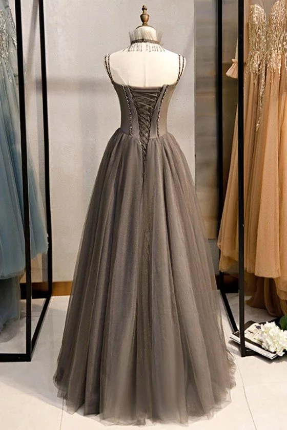 Special Long Grey Tulle Prom Dress Corset With Beaded Neck - $128.9808 ...