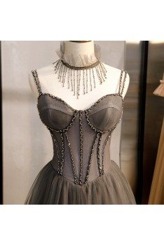 Special Long Grey Tulle Prom Dress Corset With Beaded Neck - MYS78056