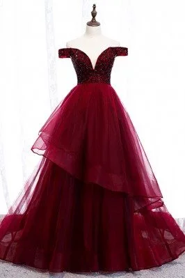 Burgundy Ruffles Long Prom Dress Off Shoulder With Train - MYS79021