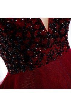 Burgundy Ruffles Long Prom Dress Off Shoulder With Train - MYS79021