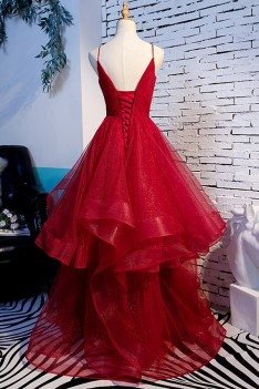 Vneck Burgundy Long Ruffles Prom Dress With Spaghetti Straps - MYS68064