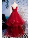 Vneck Burgundy Long Ruffles Prom Dress With Spaghetti Straps - MYS68064