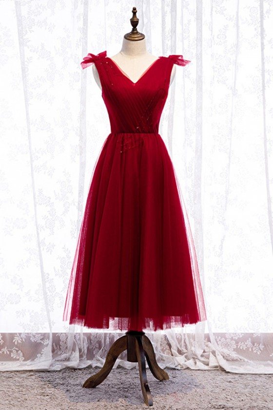 Tea Length Burgundy Tulle Party Dress Vneck With Laceup - MYS79029