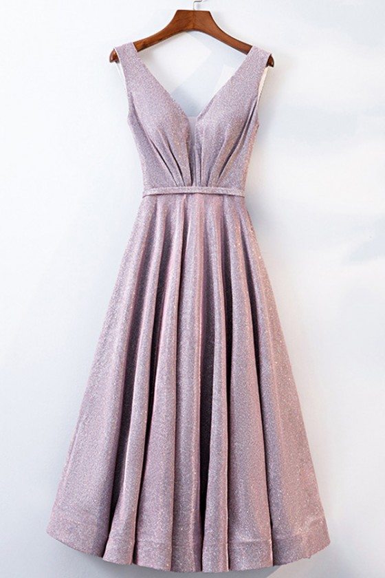 Special Vneck Pink Tea Length Party Dress With Metallic Fabric - MYS68045