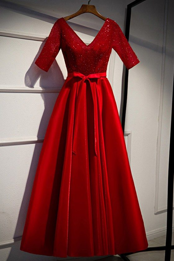 Special Occasion Red Aline Sequined Party Dress With Sleeves - MYS79044