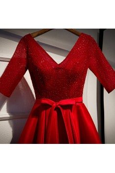 Special Occasion Red Aline Sequined Party Dress With Sleeves - MYS79044