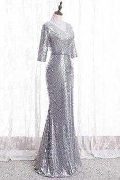Sparkly Formal Silver Sequins Evening Dress With Sleeves - MYS78041