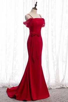 Formal Long Evening Mermaid Dress Burgundy Red Satin With Straps - MYS78072
