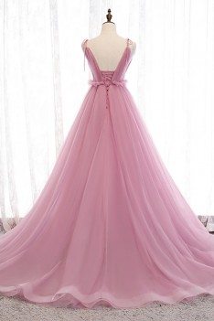 Rose Pink Long Tulle Ballgown Prom Dress With Illusion Vneck - MYS79025