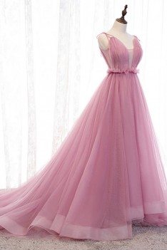 Rose Pink Long Tulle Ballgown Prom Dress With Illusion Vneck - MYS79025