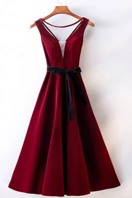 Burgundy Red Tea Length Party Dress Vneck With Sash - MYS68055