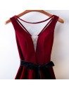 Burgundy Red Tea Length Party Dress Vneck With Sash - MYS68055