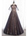 Sparkly Long Black Formal Prom Dress With Tulle Sleeves - MYS78076