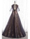 Sparkly Long Black Formal Prom Dress With Tulle Sleeves - MYS78076