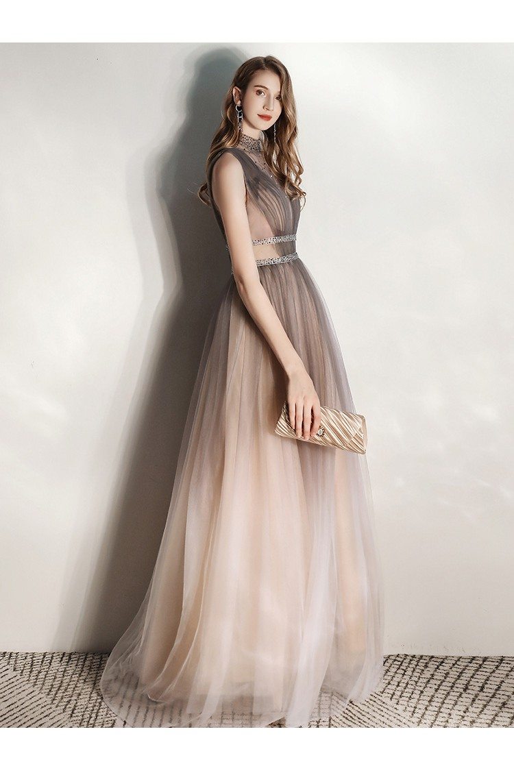 Sexy Beaded High Neck Flowy Long Tulle Prom Dress With Sheer Vneck Open