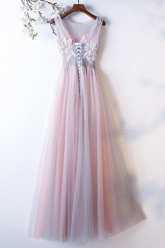Grey Pink Tulle Aline Long Prom Dress Sleeveless With Flowers - MYS68027
