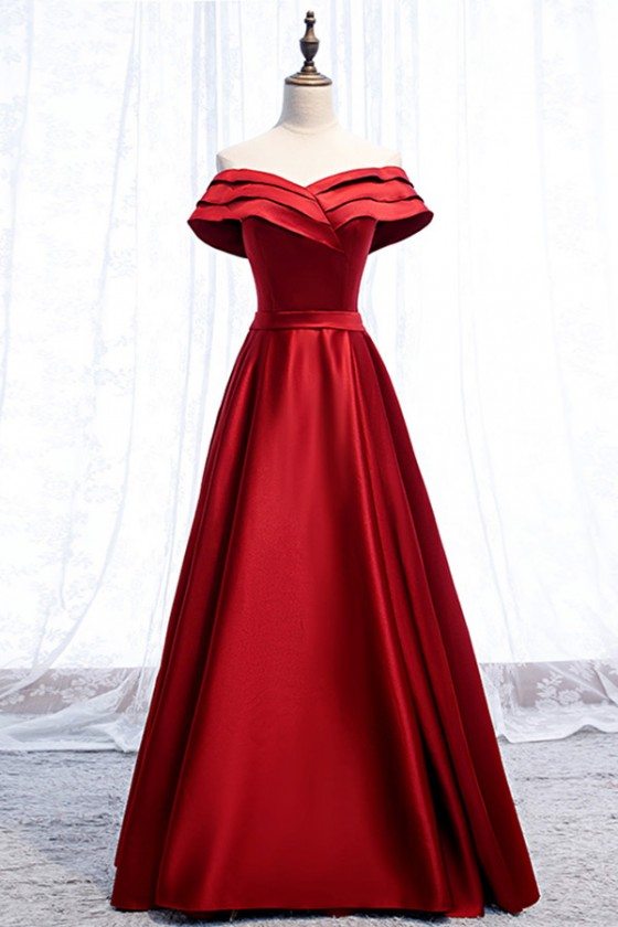 Red Burgundy Satin Party Dress With Pleated Off Shoulder - MYS69093