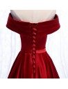 Red Burgundy Satin Party Dress With Pleated Off Shoulder - MYS69093