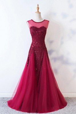 Burgundy Keyhole Back Long Tulle Party Dress With Sequins - MYS68031