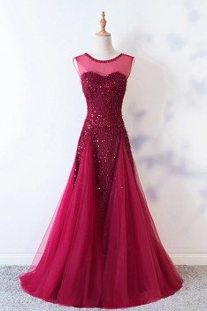 Burgundy Keyhole Back Long Tulle Party Dress With Sequins - MYS68031
