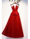 Burgundy Red Tulle Party Dress Strapless With Laceup - MYS69072