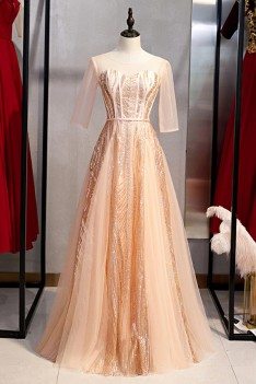 Tulle Sequins Long Pink Formal Dress With Sheer Sleeves - MYS78002