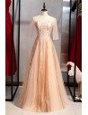 Tulle Sequins Long Pink Formal Dress With Sheer Sleeves - MYS78002