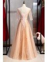 Tulle Sequins Long Pink Formal Dress With Sheer Sleeves - MYS78002