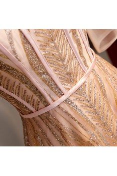 Tulle Sequins Long Pink Formal Dress With Sheer Sleeves - MYS78002