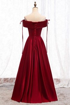 Off Shoulder Burgundy Satin Prom Dress With Straps - MYS67023