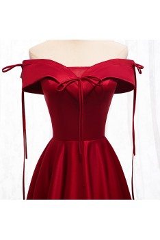 Off Shoulder Burgundy Satin Prom Dress With Straps - MYS67023