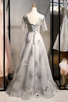 Elegant Long Grey Prom Dress Formal With Bling Sleeves - MYS79066