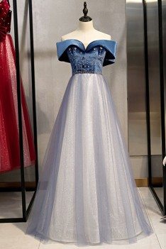 Blue With Tulle Long Prom Dress With Beading - MYS78031