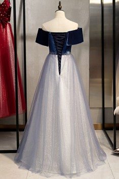Blue With Tulle Long Prom Dress With Beading - MYS78031
