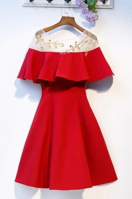 Short Red Party Dress Aline With Gold Beadings - MYS68068