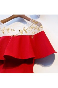 Short Red Party Dress Aline With Gold Beadings - MYS68068